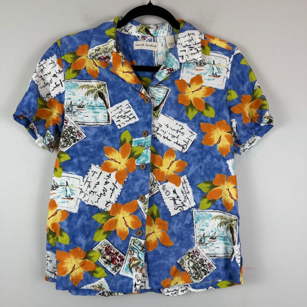 Marsh Landing Hawaiian Shirt Women's Small Blue Tropical Aloha Luau Post Card‎